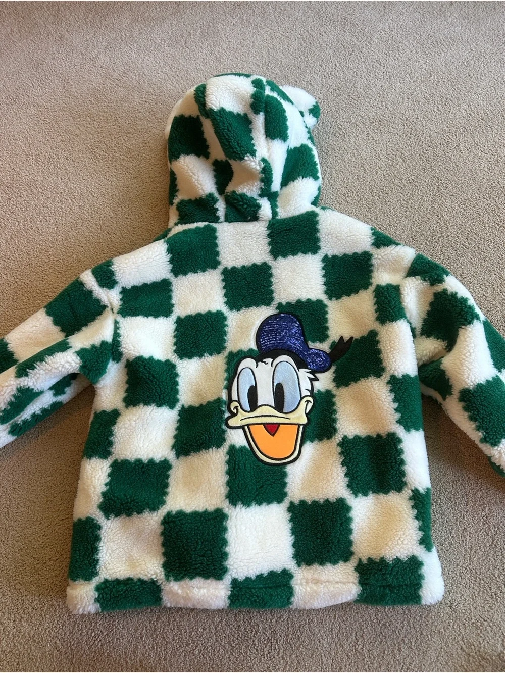 Disney green white checked fleece Donald Duck jacket